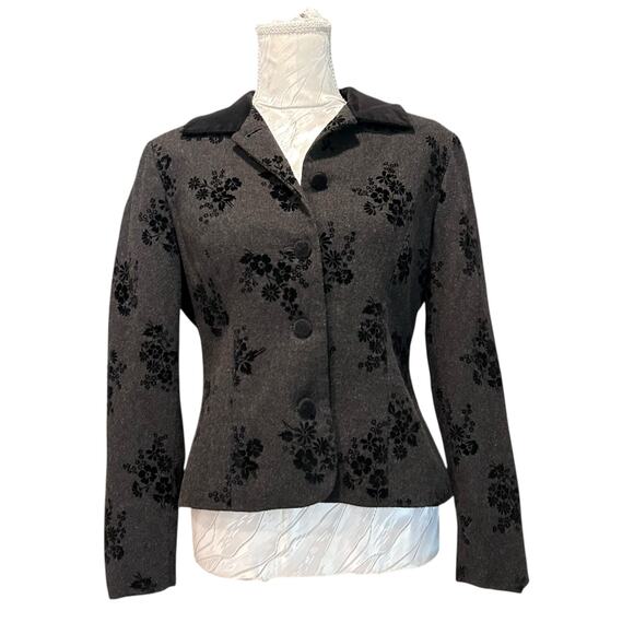 Vintage Wool Floral Blazer Gray Black Velvet Petites Sz 8 Tailored Feminine Chic - Picture 1 of 15